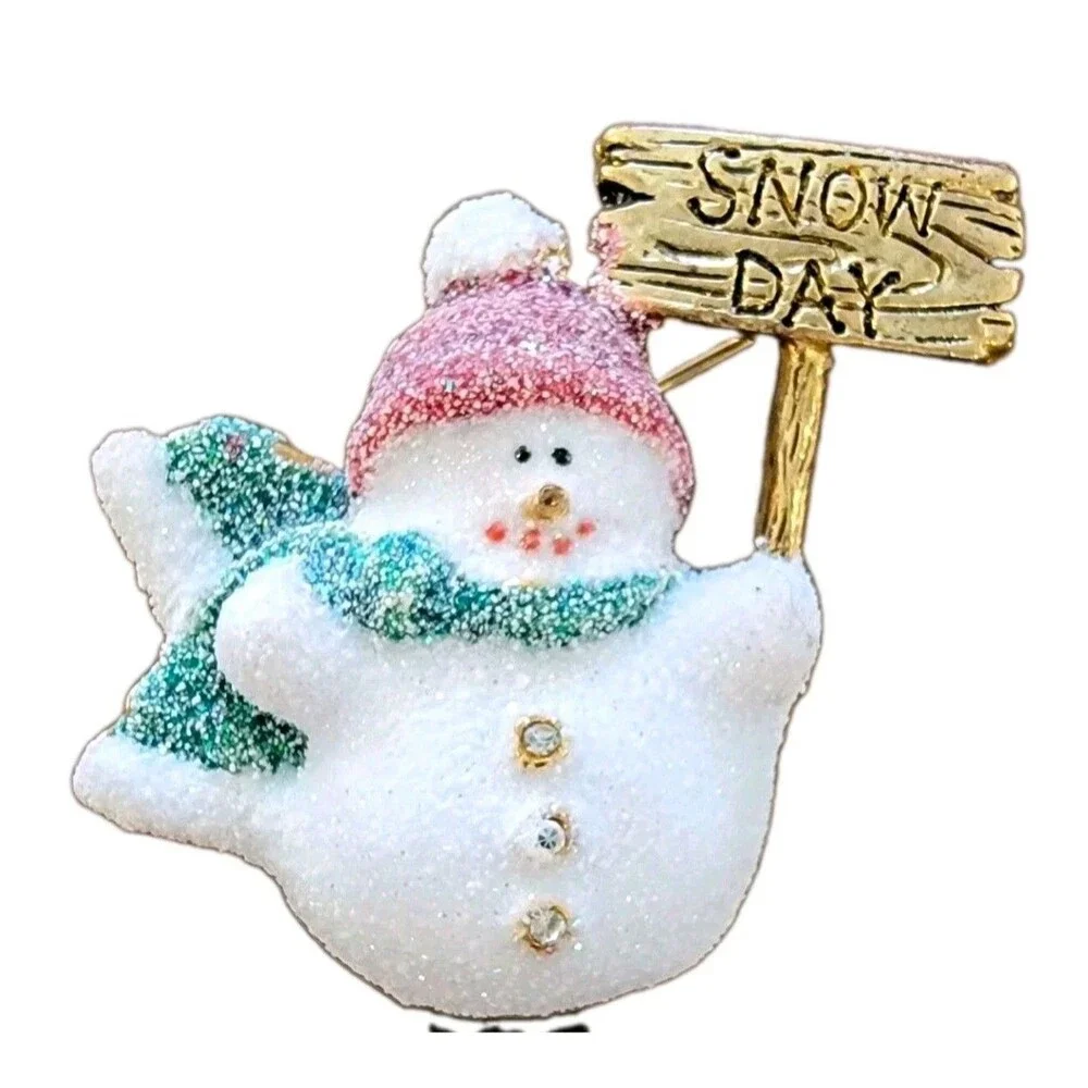 Snowman Snow Day Brooch Pin Glitter Gold Tone Christmas Holiday